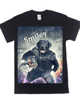 Black Gildan t-shirt with a personalized graphic of a black lab in a football uniform, holding a flaming helmet, with "Smiley" text.