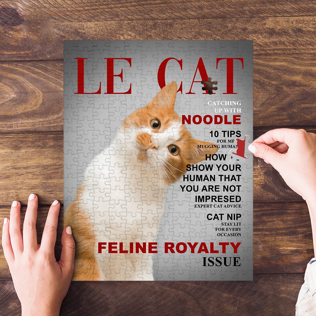 Personalized 'Le Cat' puzzle featuring an orange and white cat on a magazine cover design.