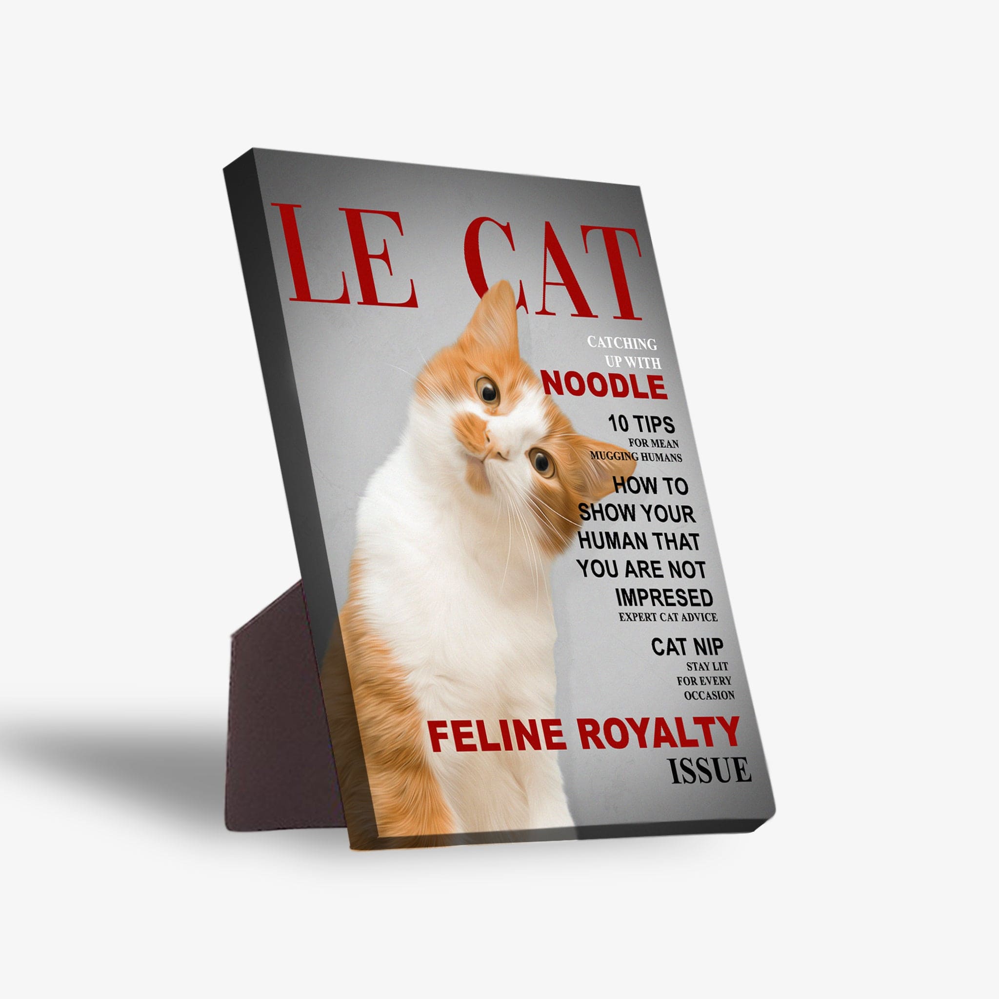 Personalized "Le Cat" standing canvas featuring an orange and white cat on a magazine cover design.