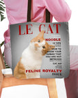 Personalized 'Le Cat' tote bag with a custom portrait of an orange and white cat, designed like a magazine cover.