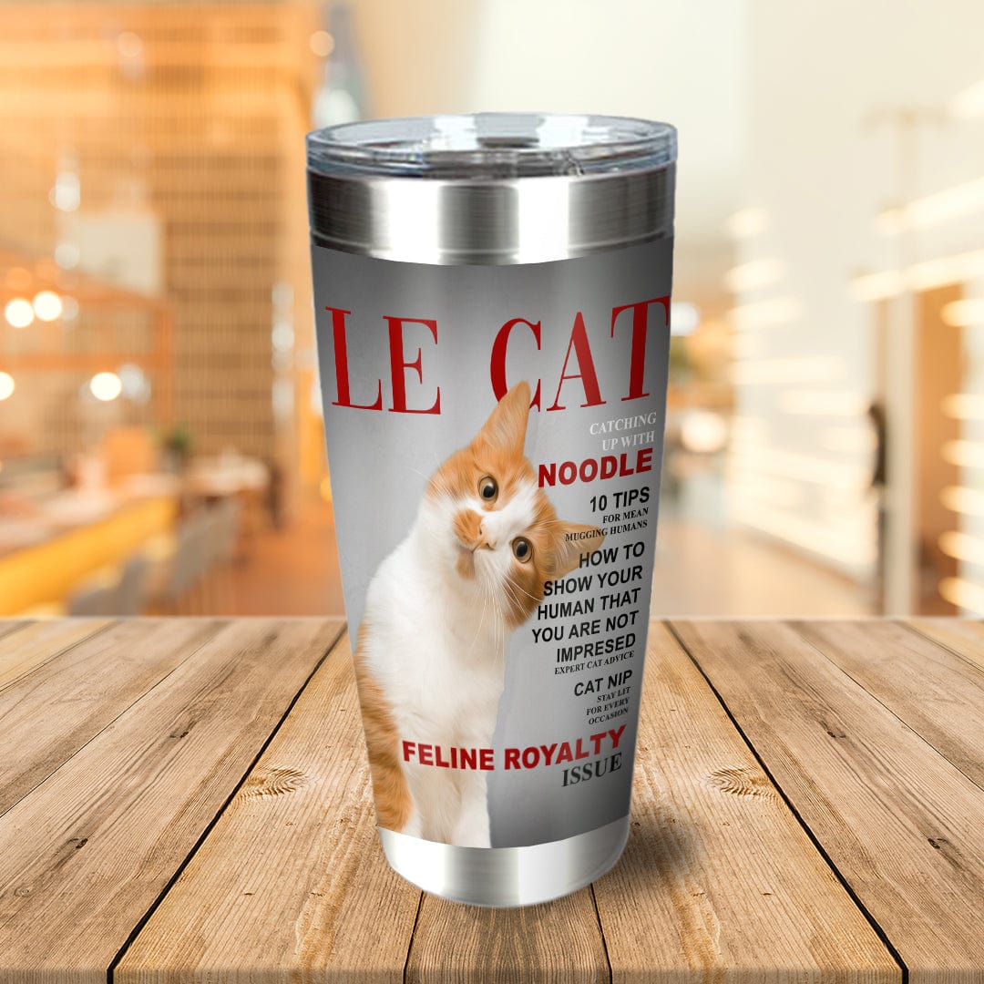 Personalized stainless steel tumbler featuring an orange and white cat portrait in a magazine cover style.