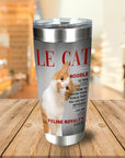 Personalized stainless steel tumbler featuring an orange and white cat portrait in a magazine cover style.