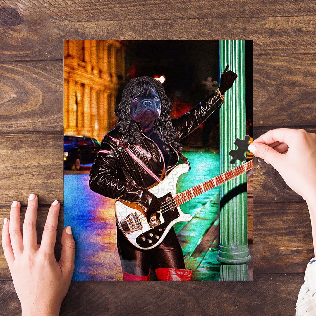 Custom pet portrait puzzle featuring a black pug as a rock star playing a white bass guitar.