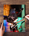 Custom pet portrait puzzle featuring a black pug as a rock star playing a white bass guitar.