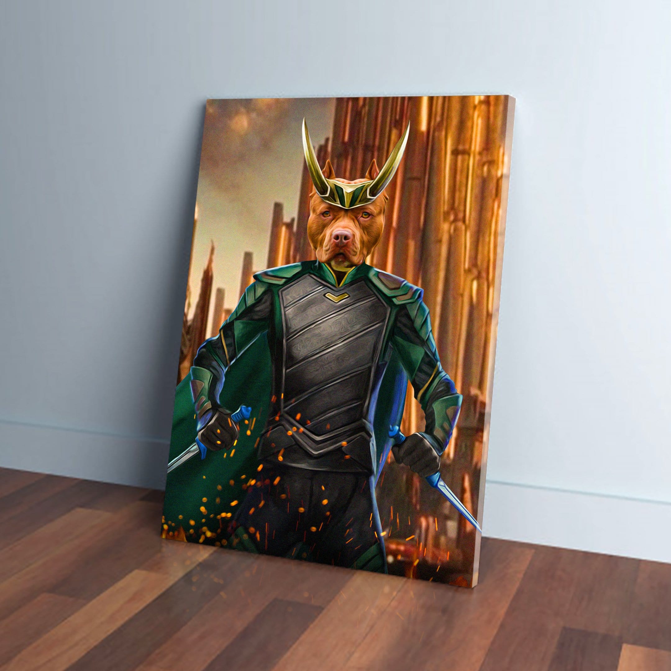 Personalized pet canvas featuring a pit bull dressed as Loki, with golden horns and green armor, against a golden city backdrop.