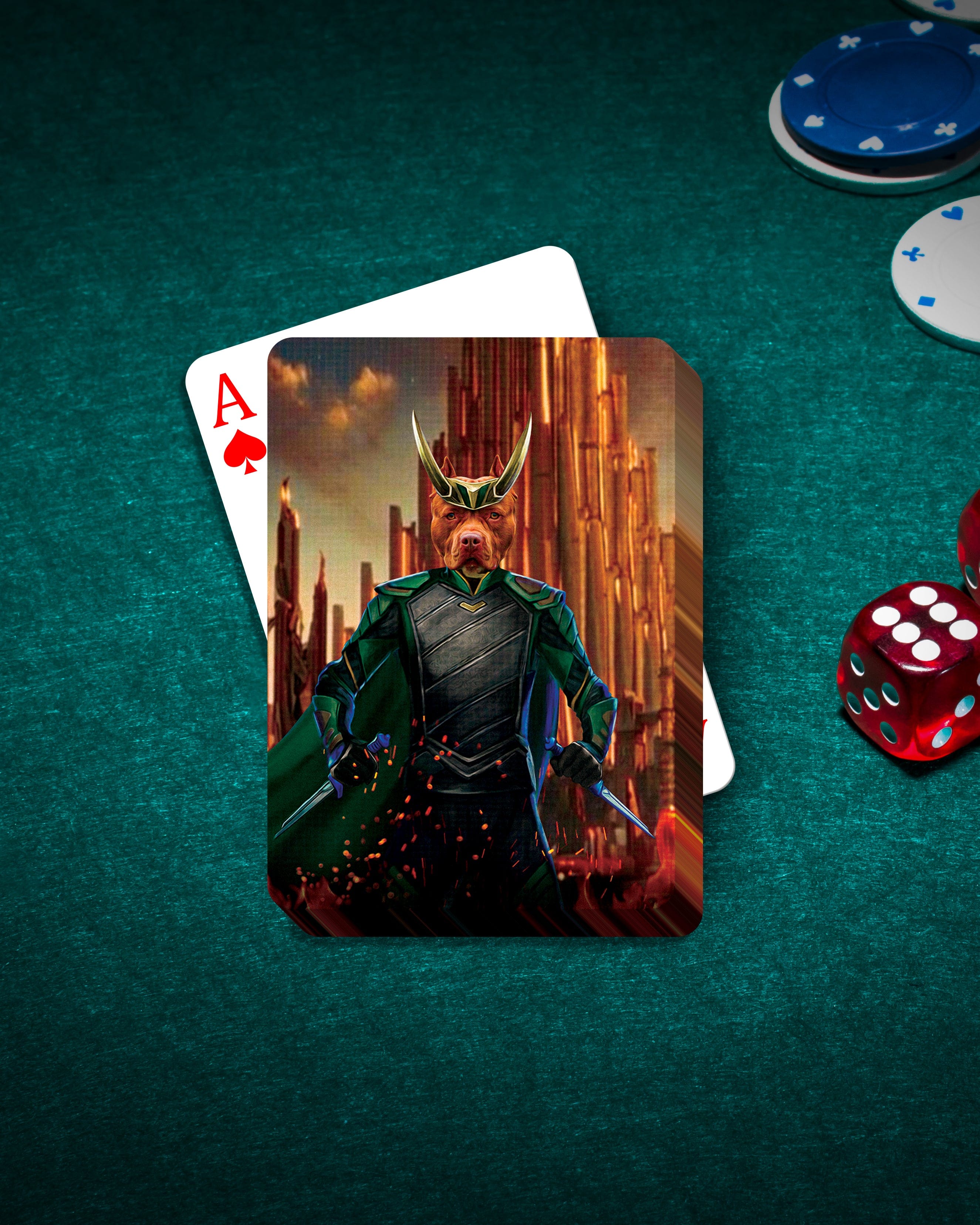 Custom Loki Doggo personalized playing cards featuring a pit bull in a Loki costume.