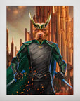 Personalized matte poster featuring a pit bull dog dressed as Loki with gold horns and green armor.