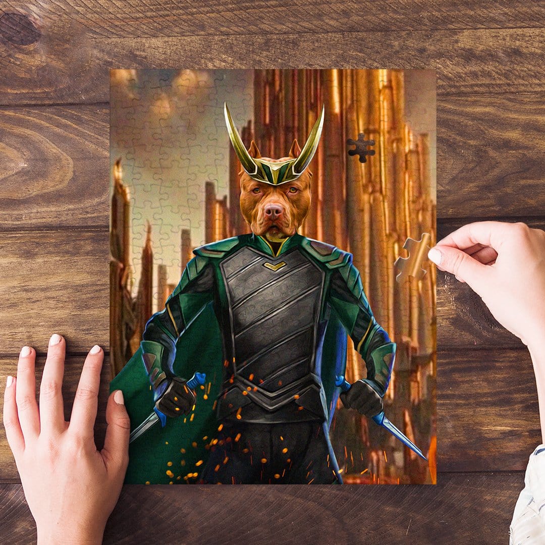 Personalized Loki Doggo pet puzzle featuring a pit bull in a green and gold costume.