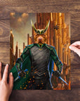 Personalized Loki Doggo pet puzzle featuring a pit bull in a green and gold costume.