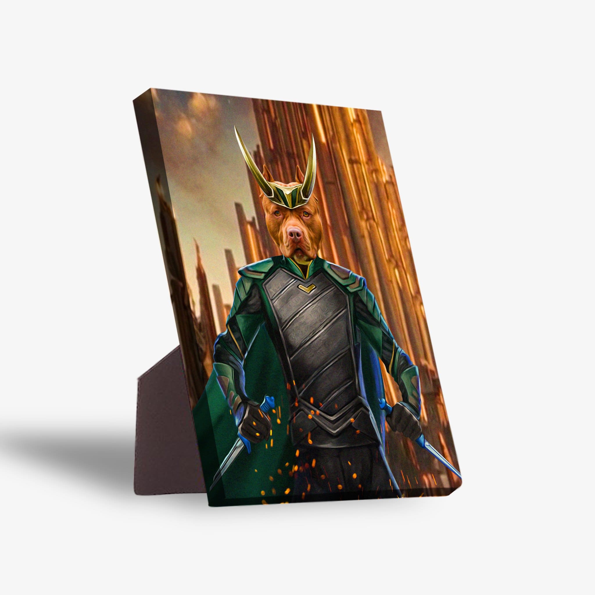Personalized 'Loki Doggo' standing canvas featuring a pit bull in a green and black Loki costume with golden horns.