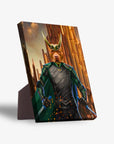 Personalized 'Loki Doggo' standing canvas featuring a pit bull in a green and black Loki costume with golden horns.