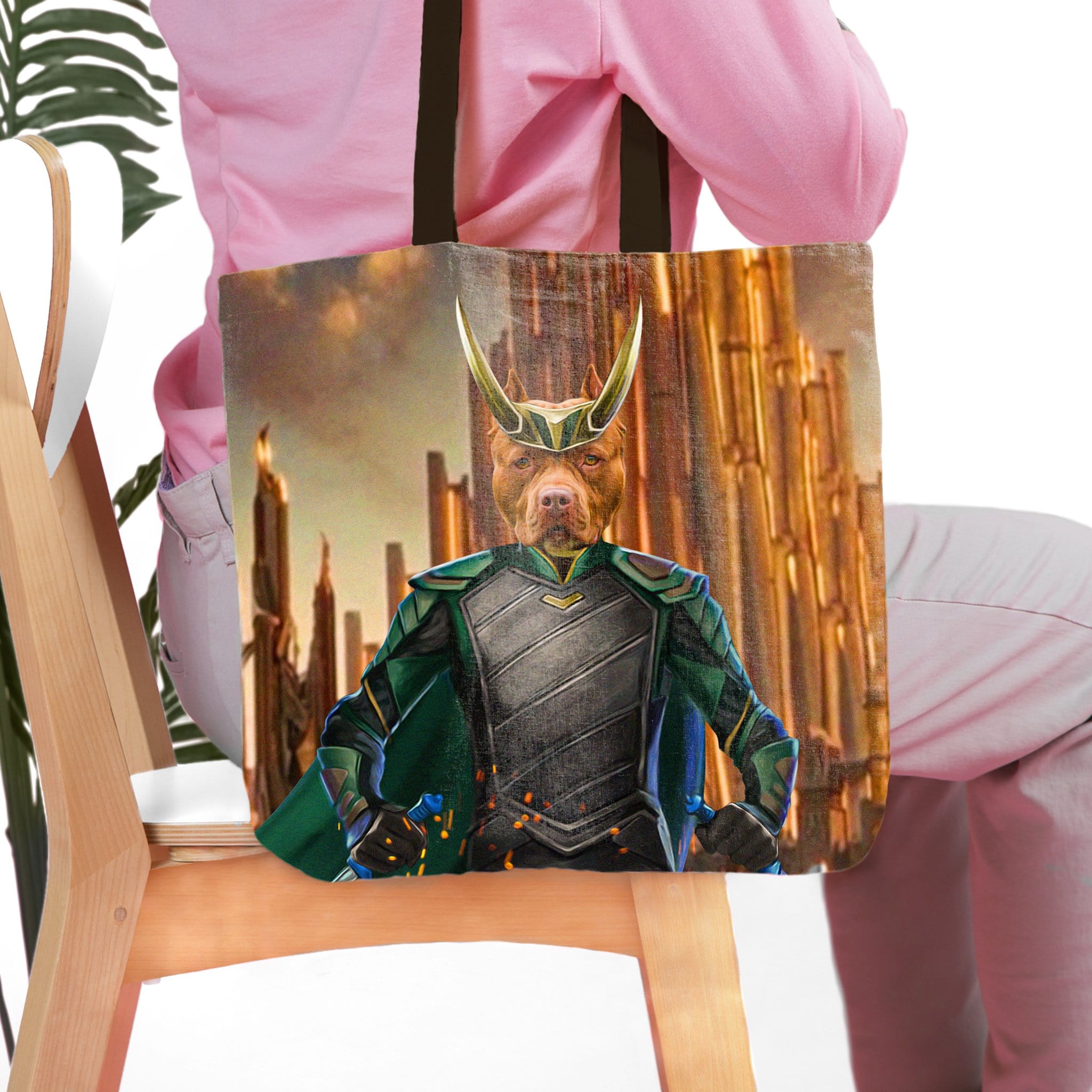 Personalized Loki Doggo tote bag featuring a custom royal pet portrait of a pit bull.