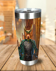 Personalized stainless steel tumbler with a custom dog portrait in a Loki costume.