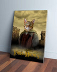 Personalized 'Lord Of The Meows' pet canvas featuring a cat in a fantasy costume against a cloudy sky.