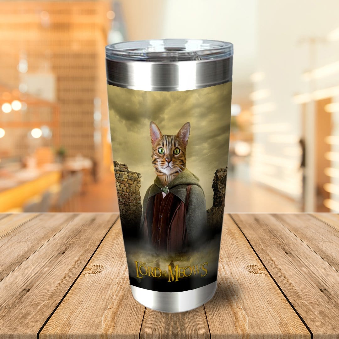 Personalized stainless steel tumbler with a cat in a "Lord of the Meows" Viking portrait.