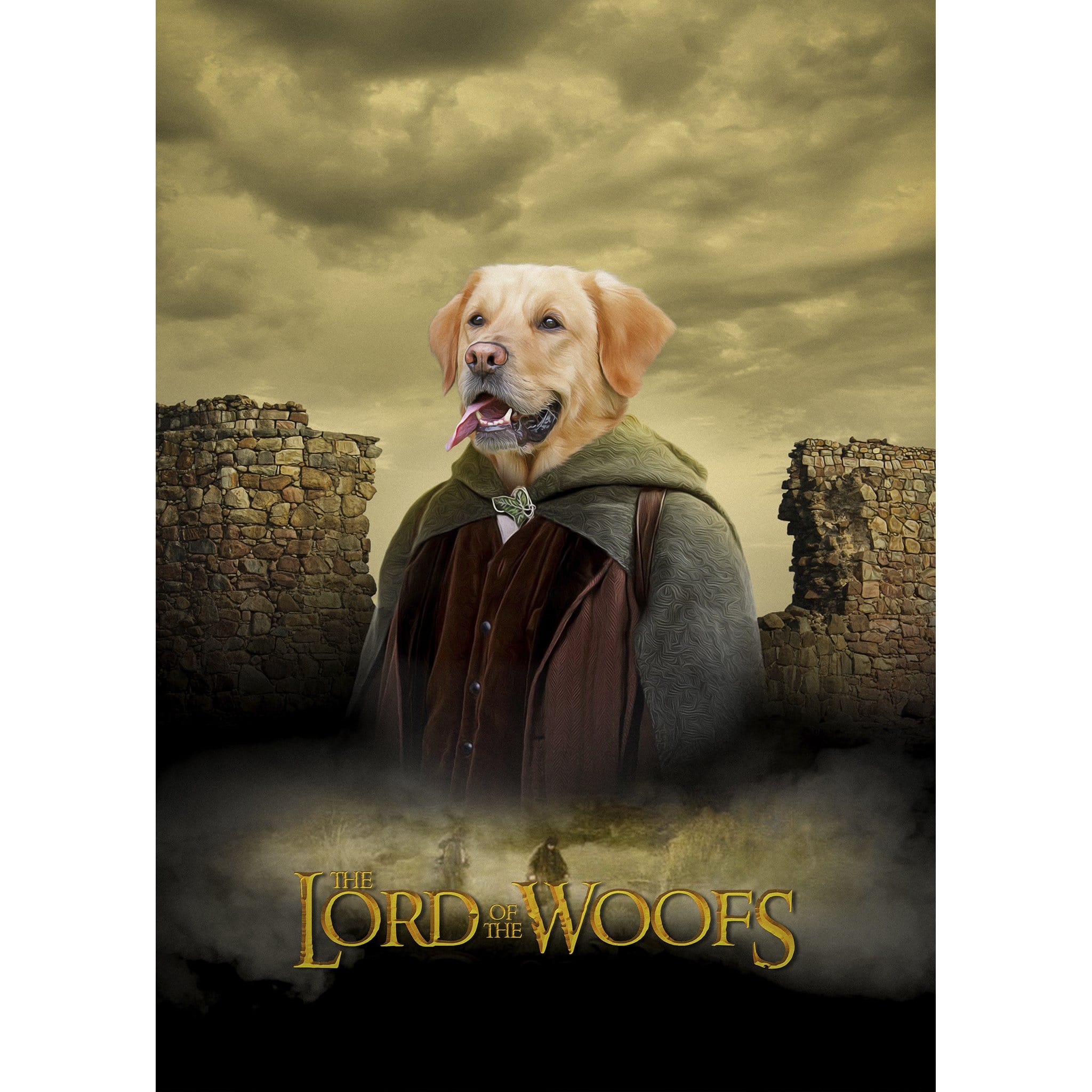 Custom digital portrait of a golden retriever dog as a "Lord Of The Woofs" character in a fantasy setting.