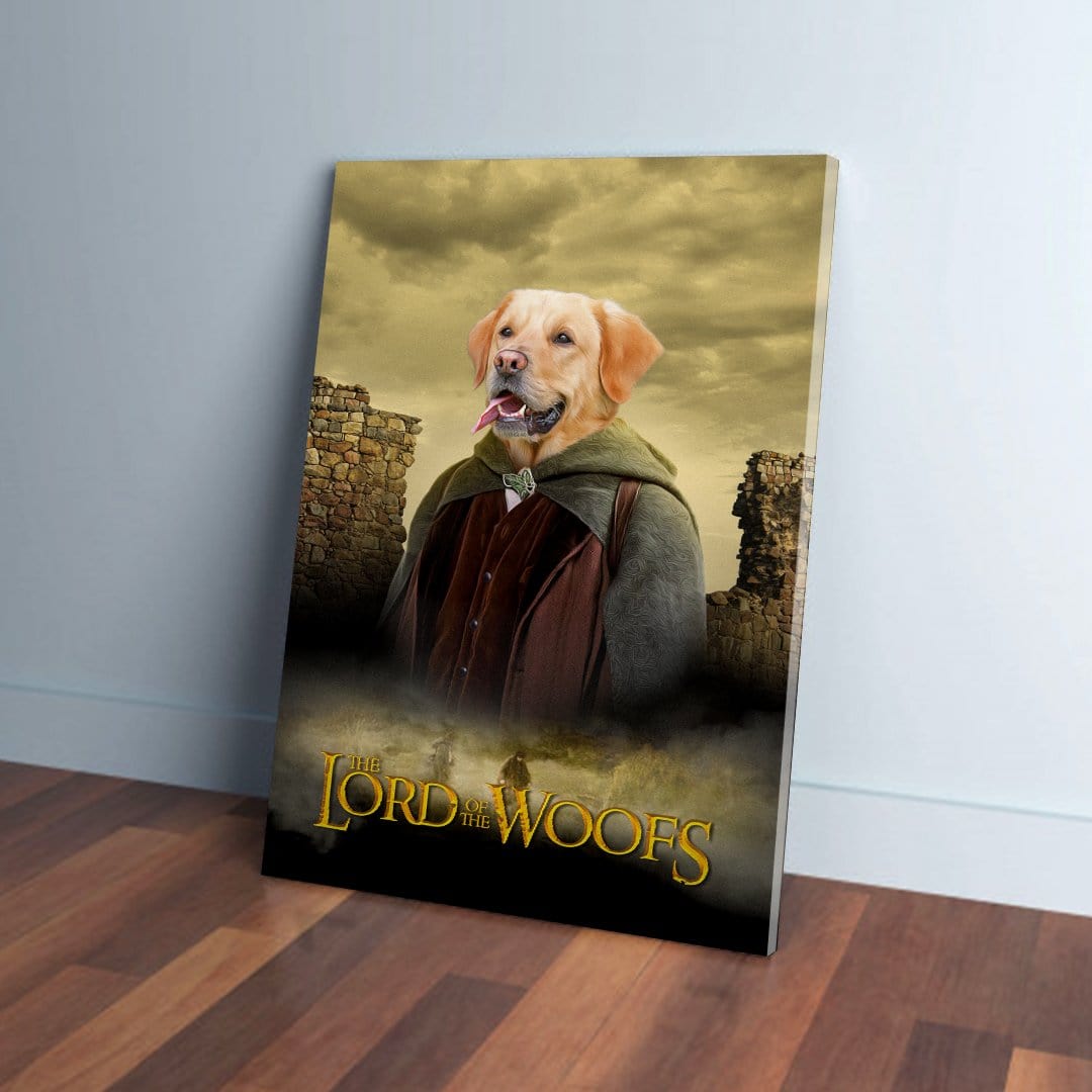 Golden Retriever dog portrait on a "Lord Of The Woofs" canvas, featuring a fantasy landscape.