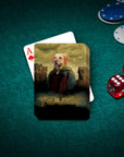 Custom "Lord Of The Woofs" playing cards featuring a personalized golden retriever pet portrait on a green felt table with poker chips and dice.