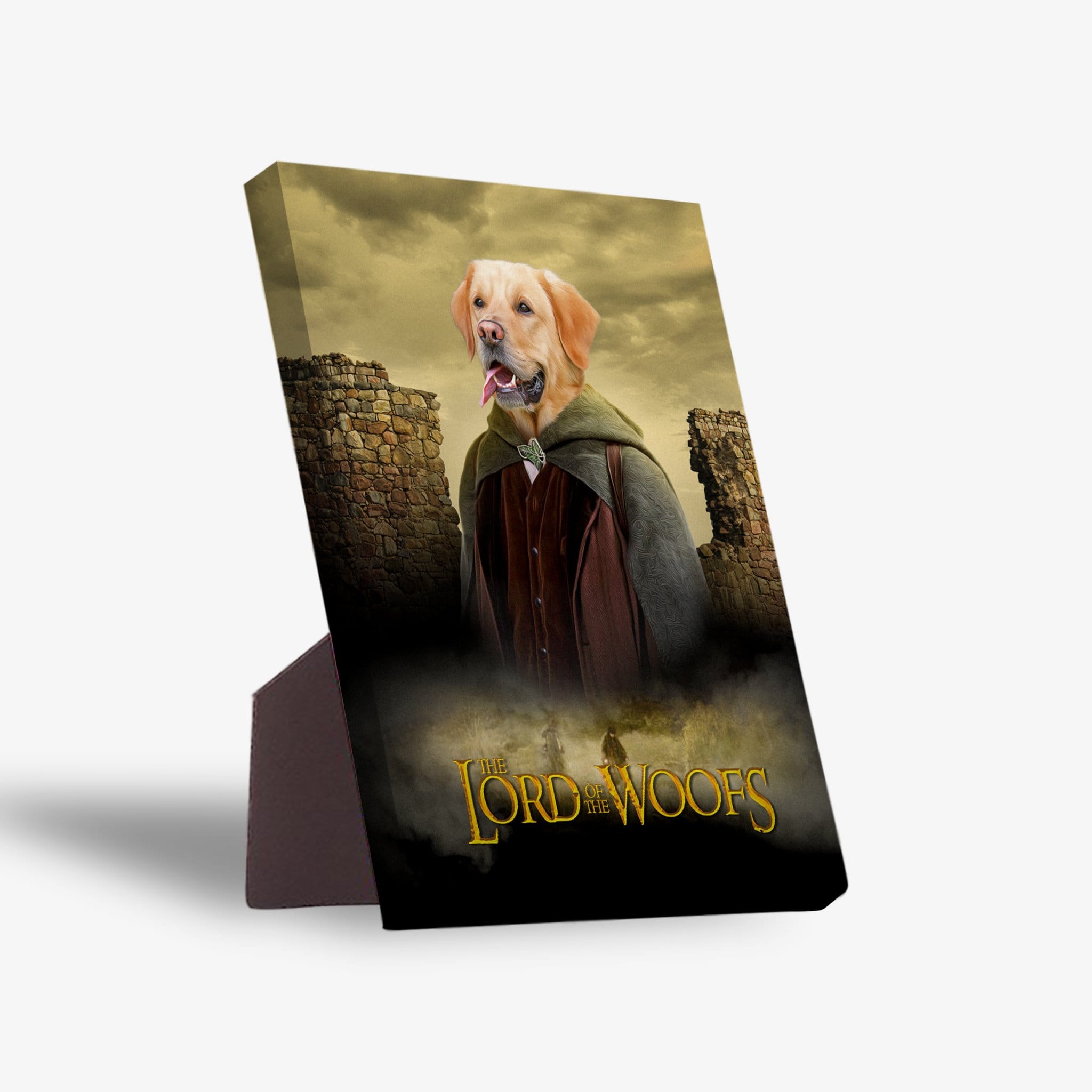 Personalized "Lord Of The Woofs" standing canvas featuring a golden retriever in a fantasy costume.