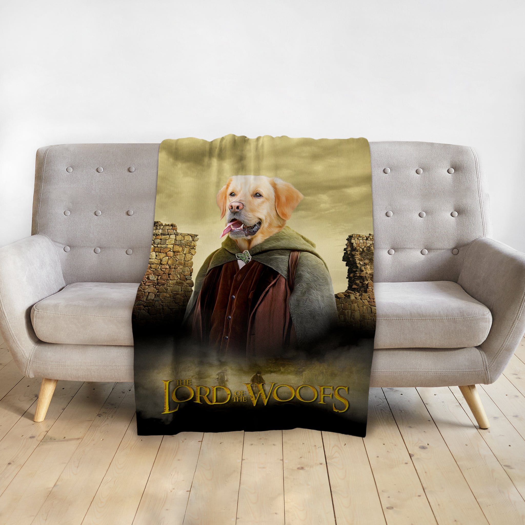 Personalized pet blanket featuring a golden retriever in a "Lord of the Woofs" renaissance portrait.