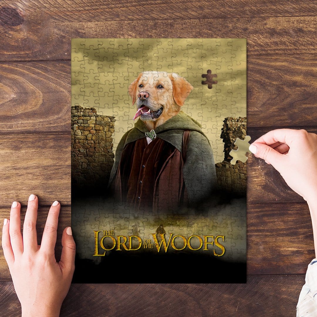 Personalized 'Lord of the Woofs' pet puzzle featuring a golden retriever in a fantasy setting.