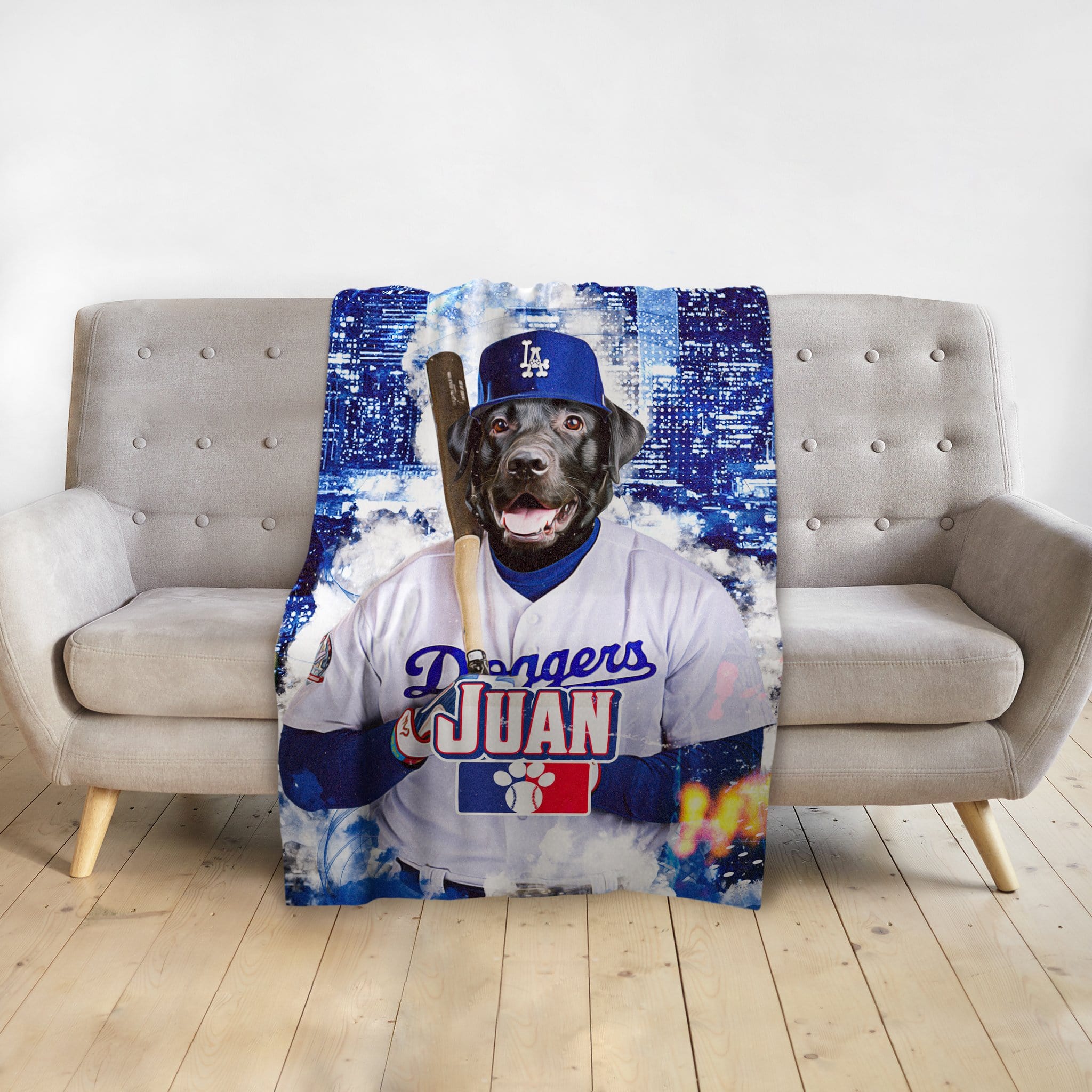 Personalized black lab dog baseball player portrait blanket, "Doggers Juan" design.