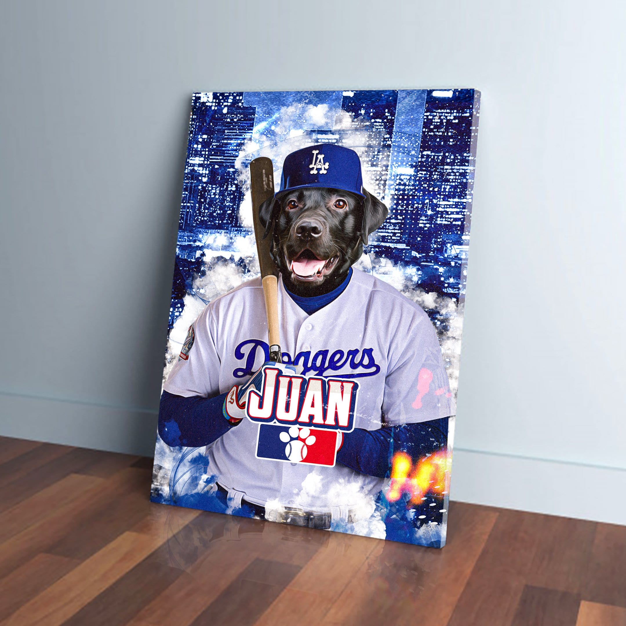 Black lab in a personalized "Doggers JUAN" baseball uniform, cap, and holding a bat on a blue cityscape canvas.