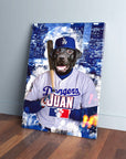 Black lab in a personalized "Doggers JUAN" baseball uniform, cap, and holding a bat on a blue cityscape canvas.