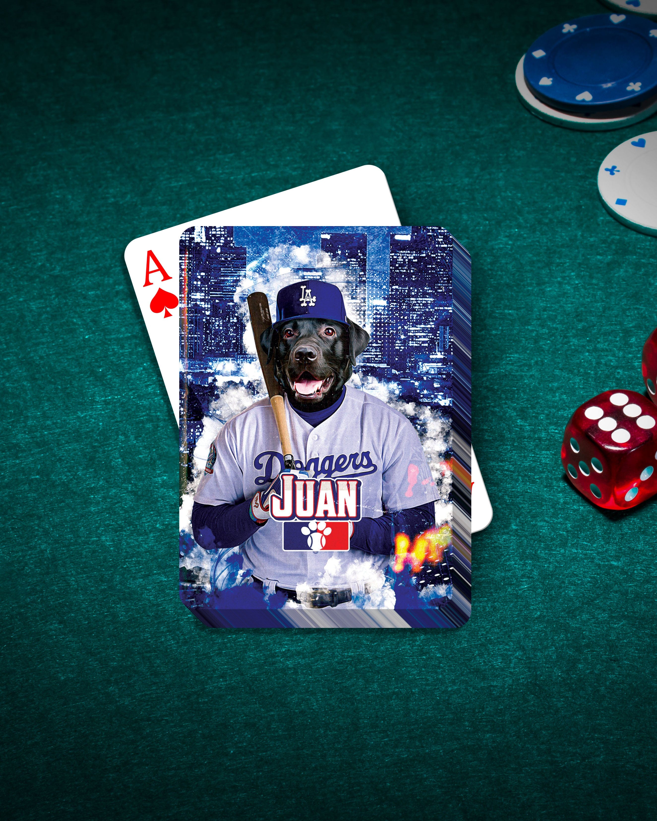 Personalized playing card featuring a black dog in a "Los Angeles Doggers" baseball uniform.