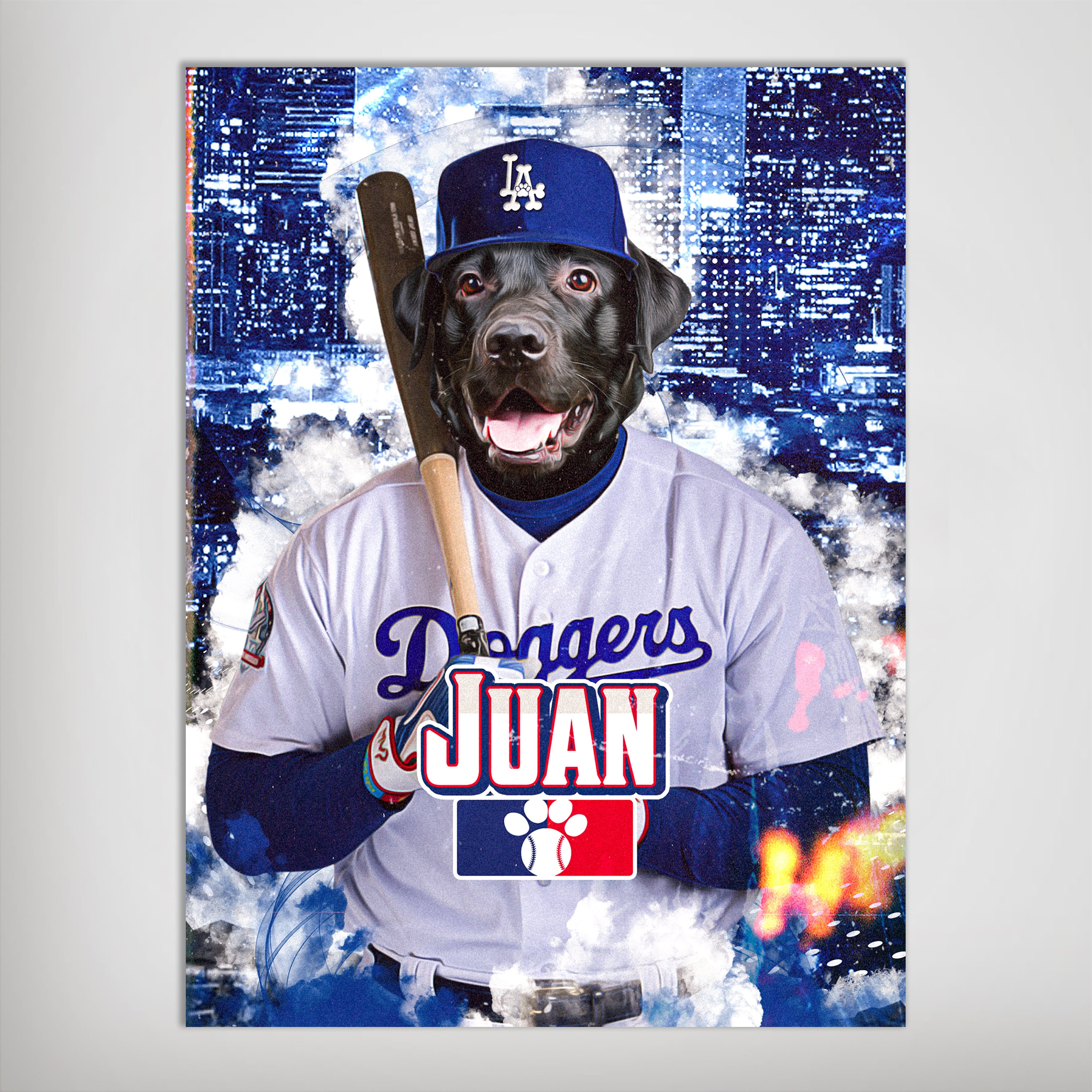 Personalized 'Los Angeles Doggers' pet poster featuring a black dog in a baseball uniform with "JUAN" on the jersey.