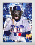 Personalized 'Los Angeles Doggers' pet poster featuring a black dog in a baseball uniform with "JUAN" on the jersey.