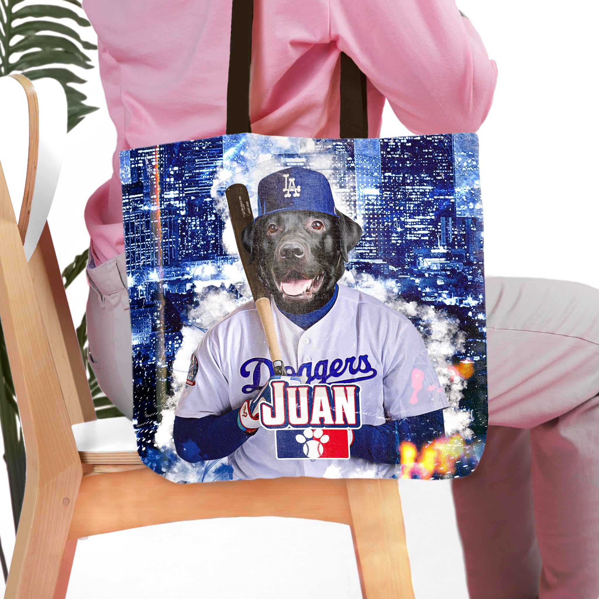 Personalized Los Angeles Doggers tote bag with a black dog pet portrait in a baseball uniform.