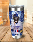Personalized stainless steel tumbler with a custom portrait of a black dog in a baseball uniform.