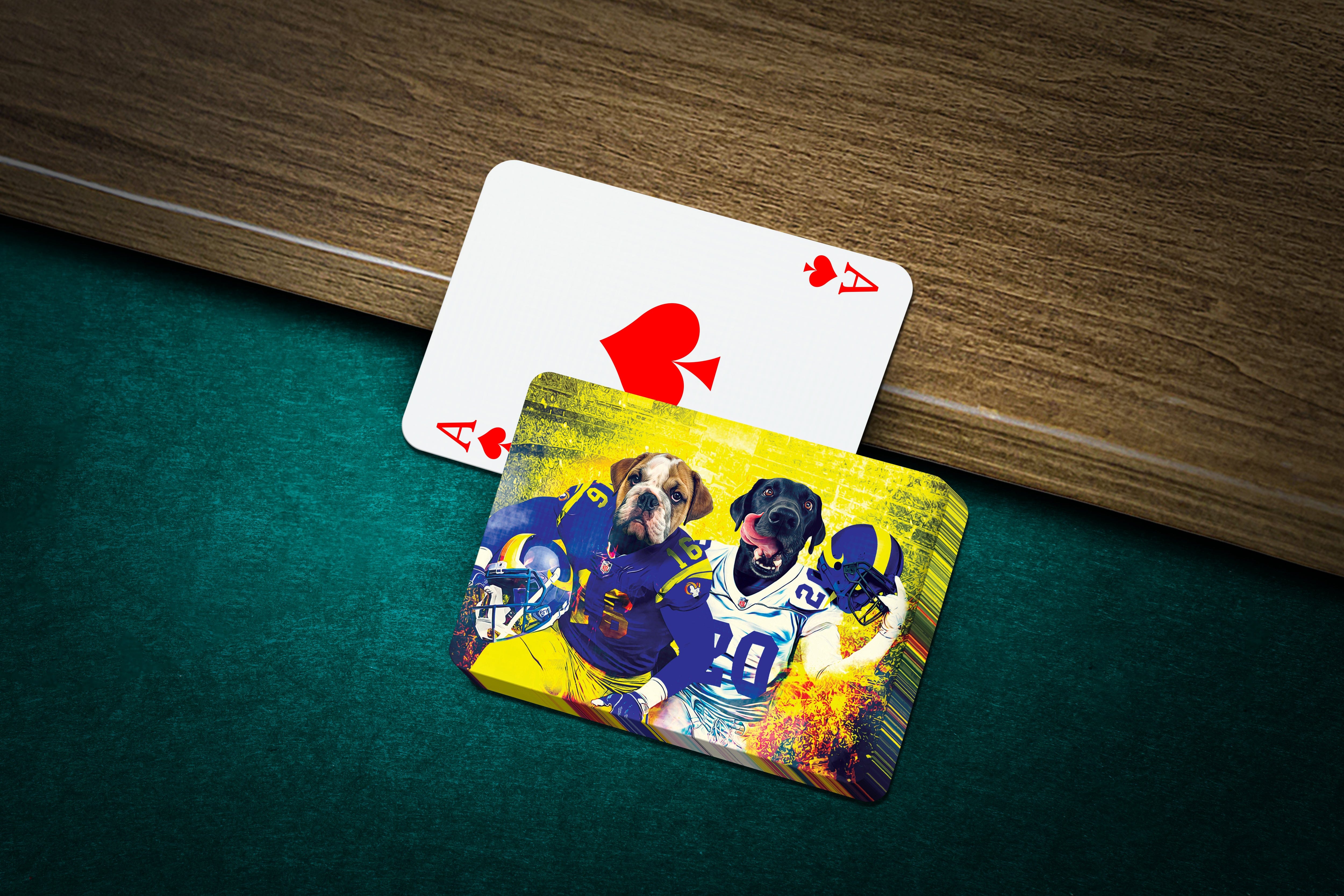 Personalized playing cards featuring two dogs in Los Angeles Rams football uniforms.