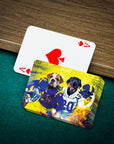 Personalized playing cards featuring two dogs in Los Angeles Rams football uniforms.