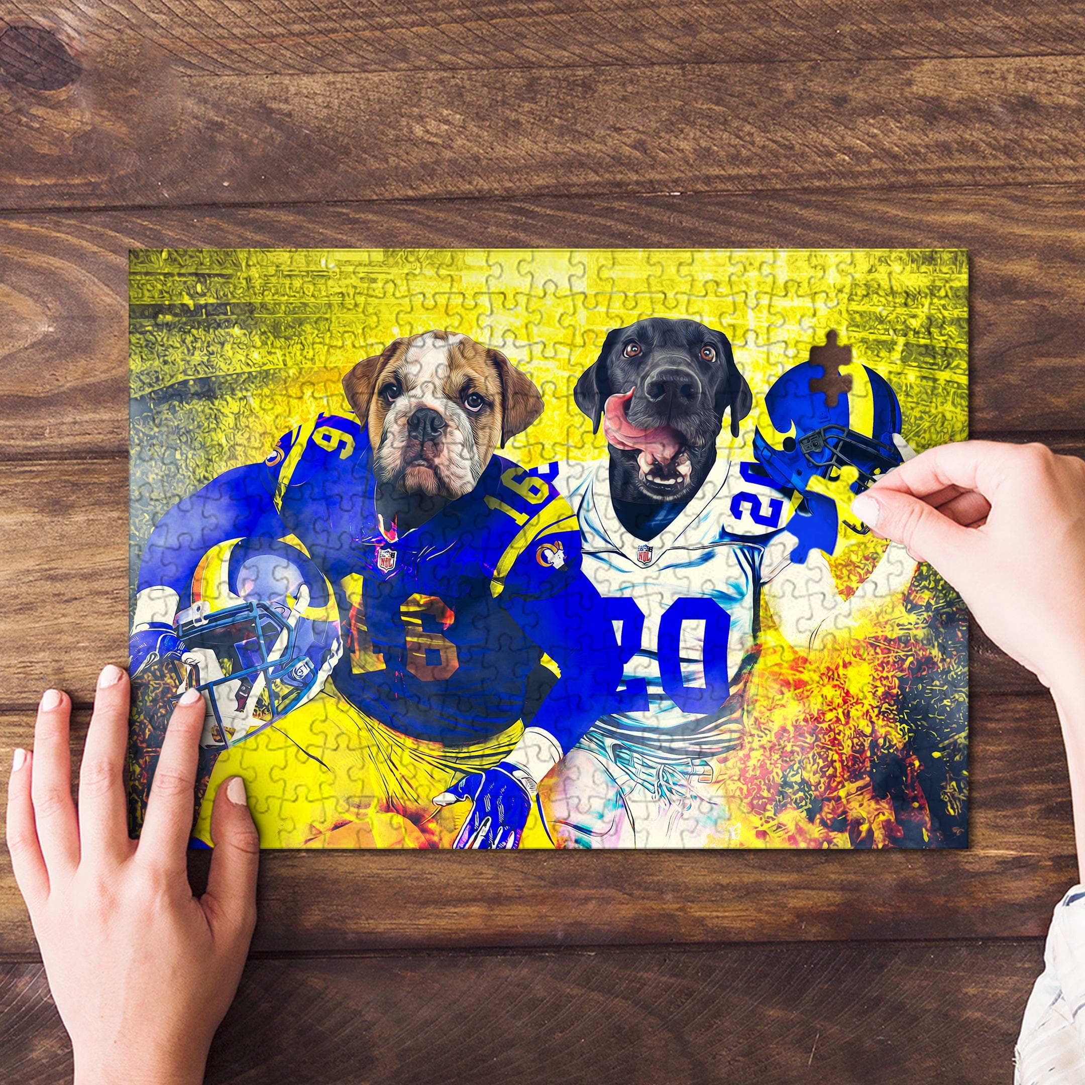 Personalized 2 pet puzzle featuring a bulldog and black lab in blue and yellow football uniforms.