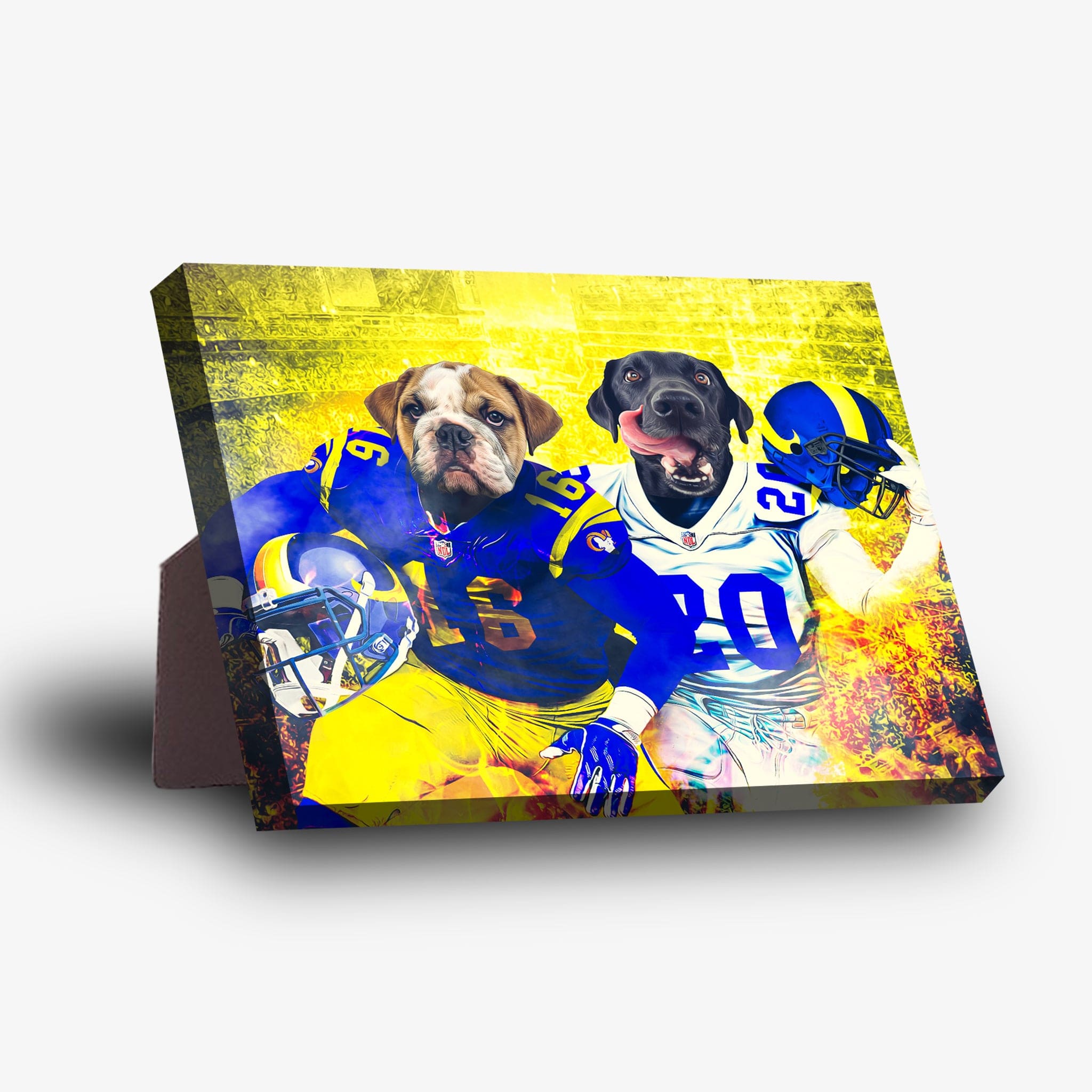 Personalized standing canvas featuring two pets as Los Angeles Rams football players on a vibrant yellow background.