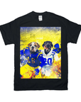 Black Gildan unisex t-shirt featuring two dogs in blue and yellow football uniforms, one bulldog and one black lab.