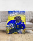 Personalized pet blanket with a black dog in a blue football uniform, named "Chip," on a yellow background.