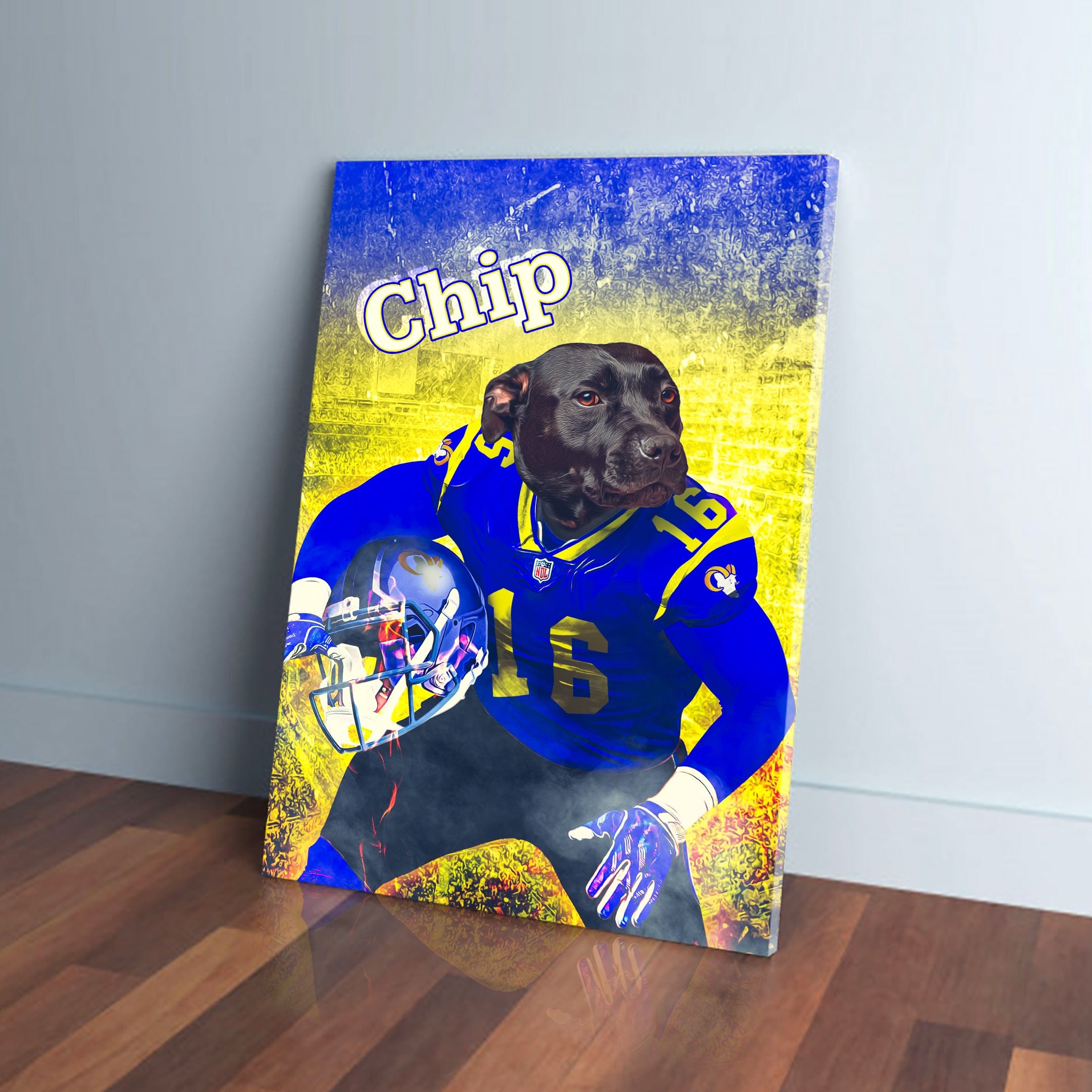 Personalized 'Los Angeles Doggos' canvas featuring a black dog in a blue football uniform with "Chip" on top.