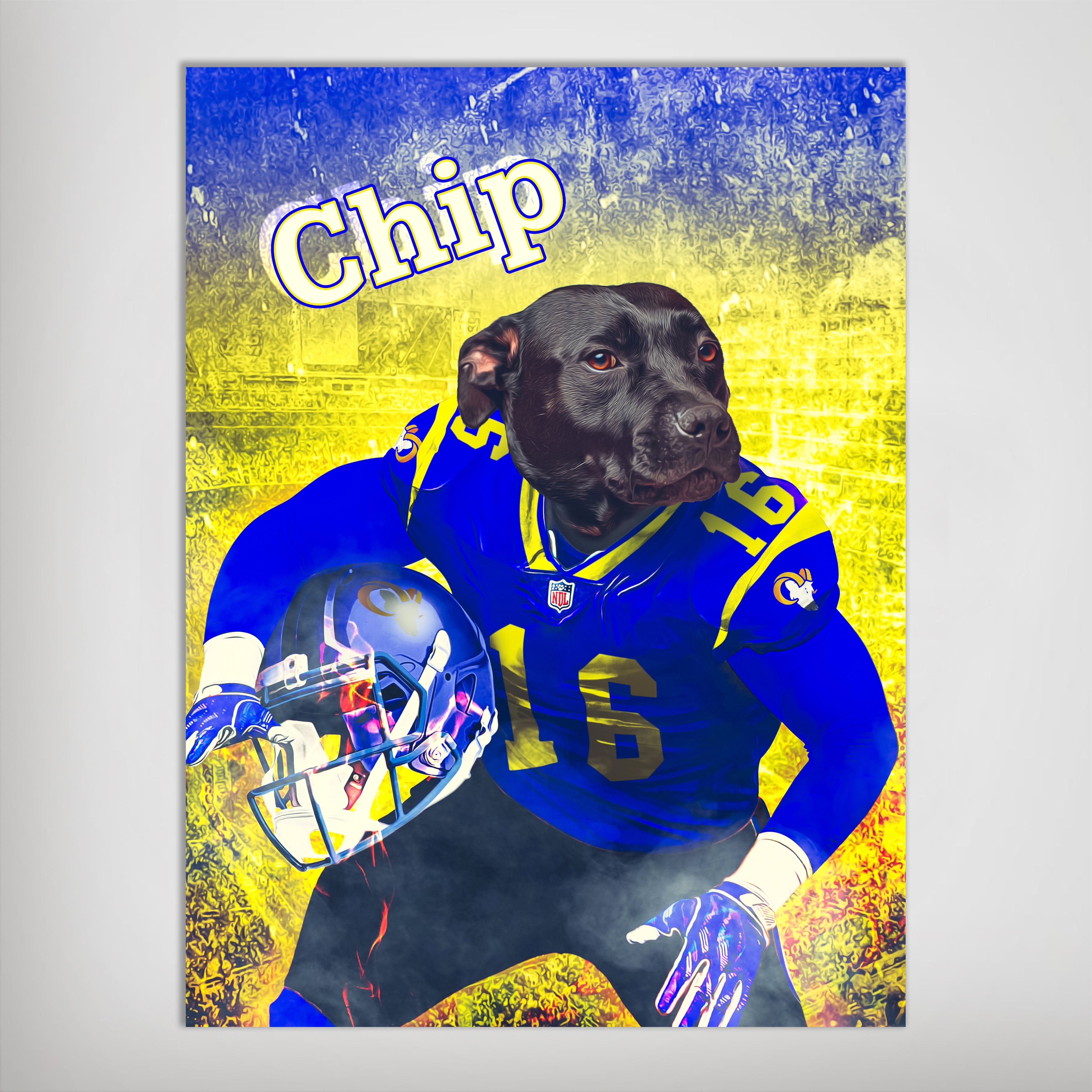 Personalized pet poster featuring a black dog in a blue and yellow football uniform, holding a helmet.
