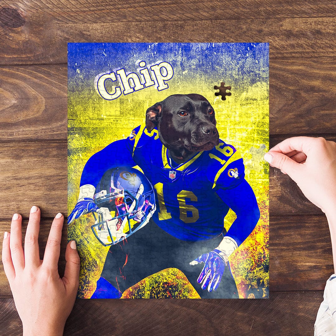 Personalized pet puzzle featuring a black dog in a blue football uniform, with "Chip" and a yellow background.