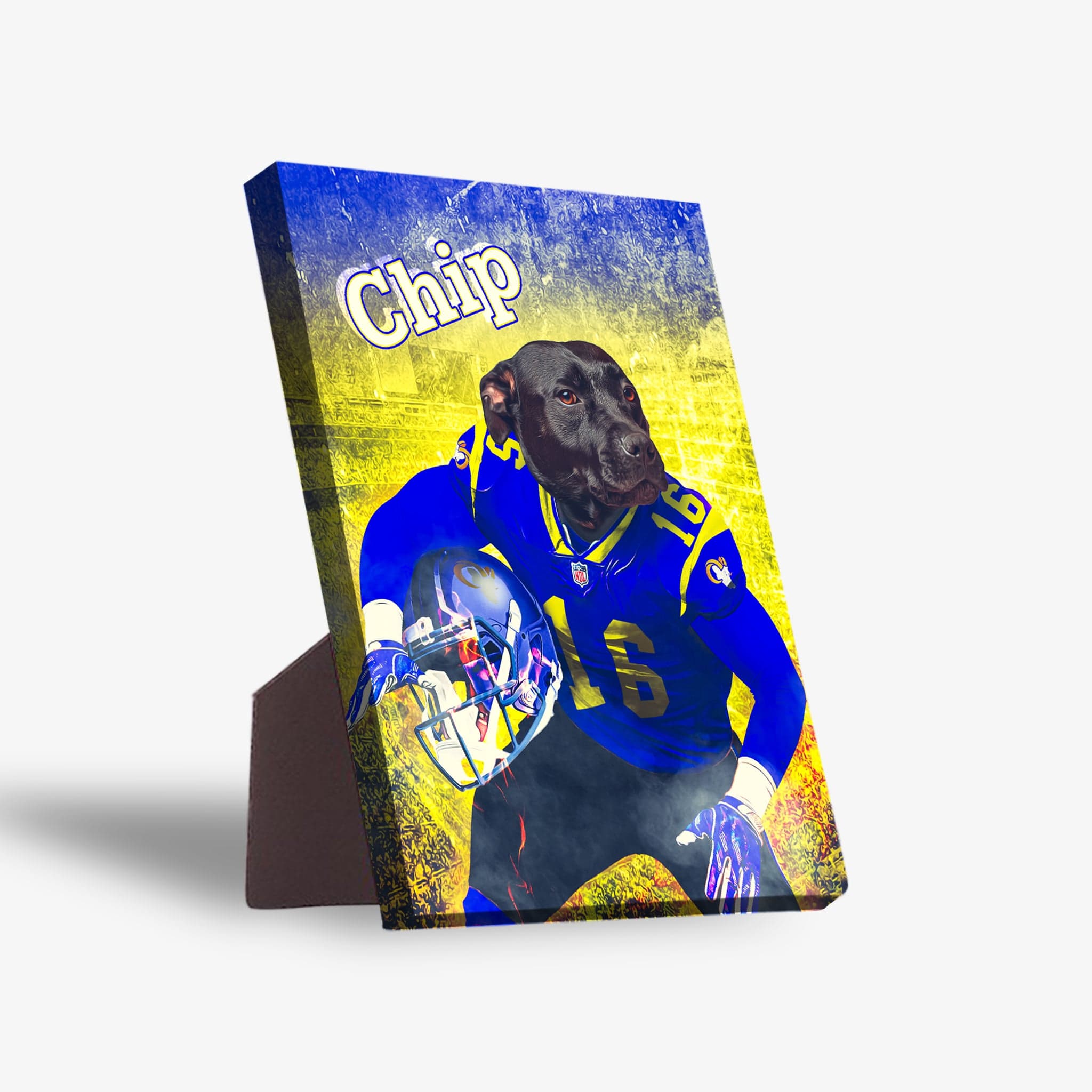 Personalized pet standing canvas featuring a black dog in a blue and yellow football uniform, holding a helmet.