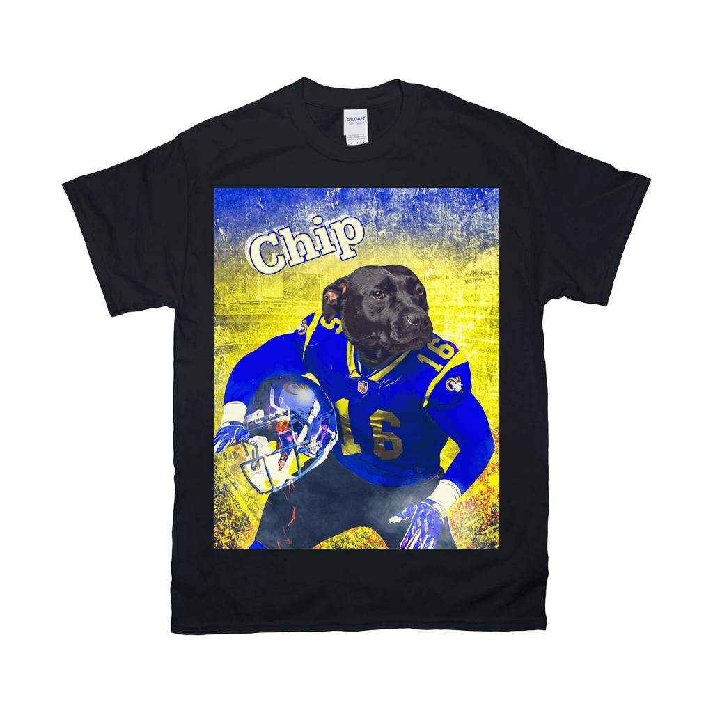Black Gildan t-shirt with a personalized graphic of a black dog in a blue football uniform, holding a helmet, against a yellow and blue background.