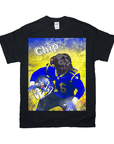 Black Gildan t-shirt with a personalized graphic of a black dog in a blue football uniform, holding a helmet, against a yellow and blue background.