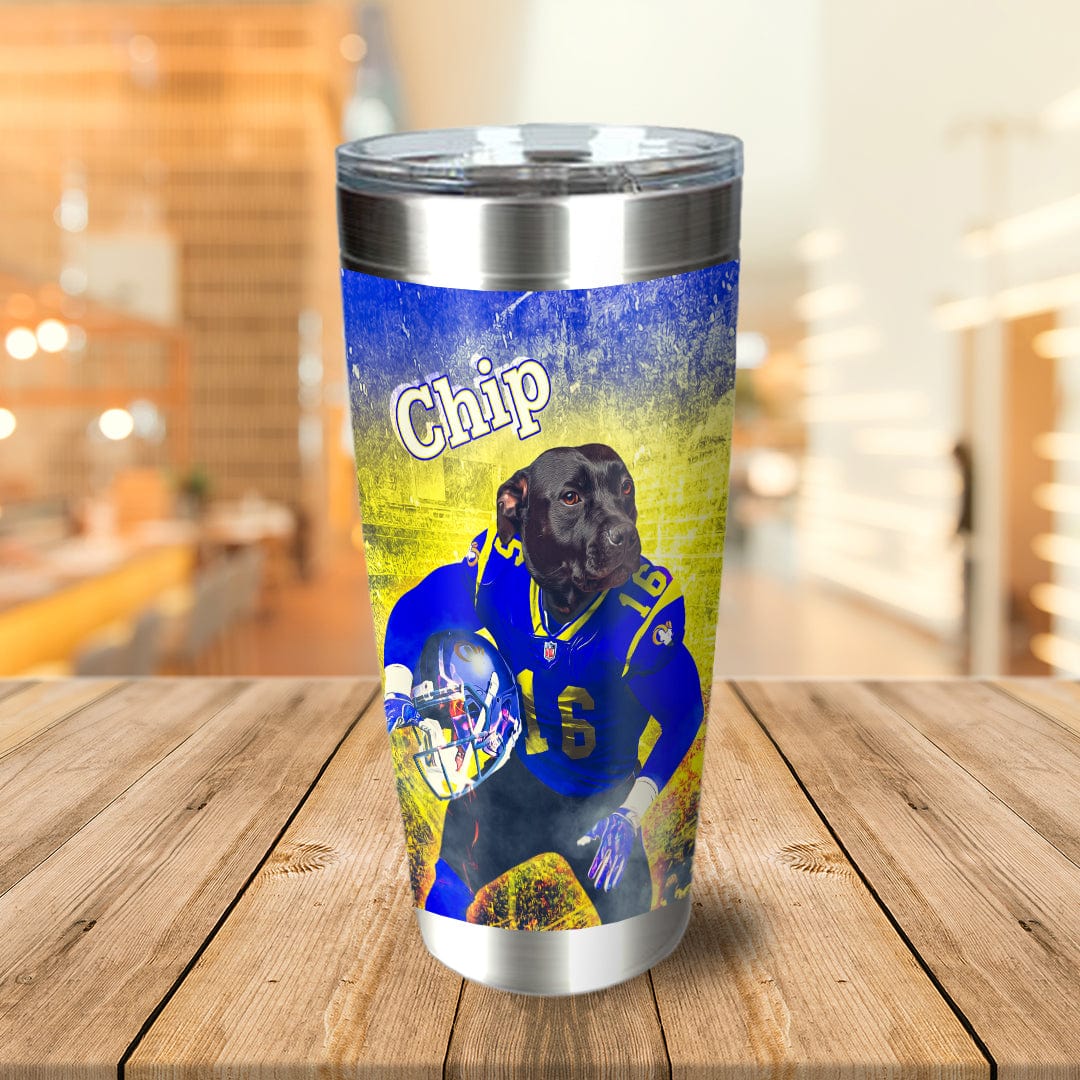 Personalized stainless steel tumbler with a black dog in a blue football uniform and "Chip" text.