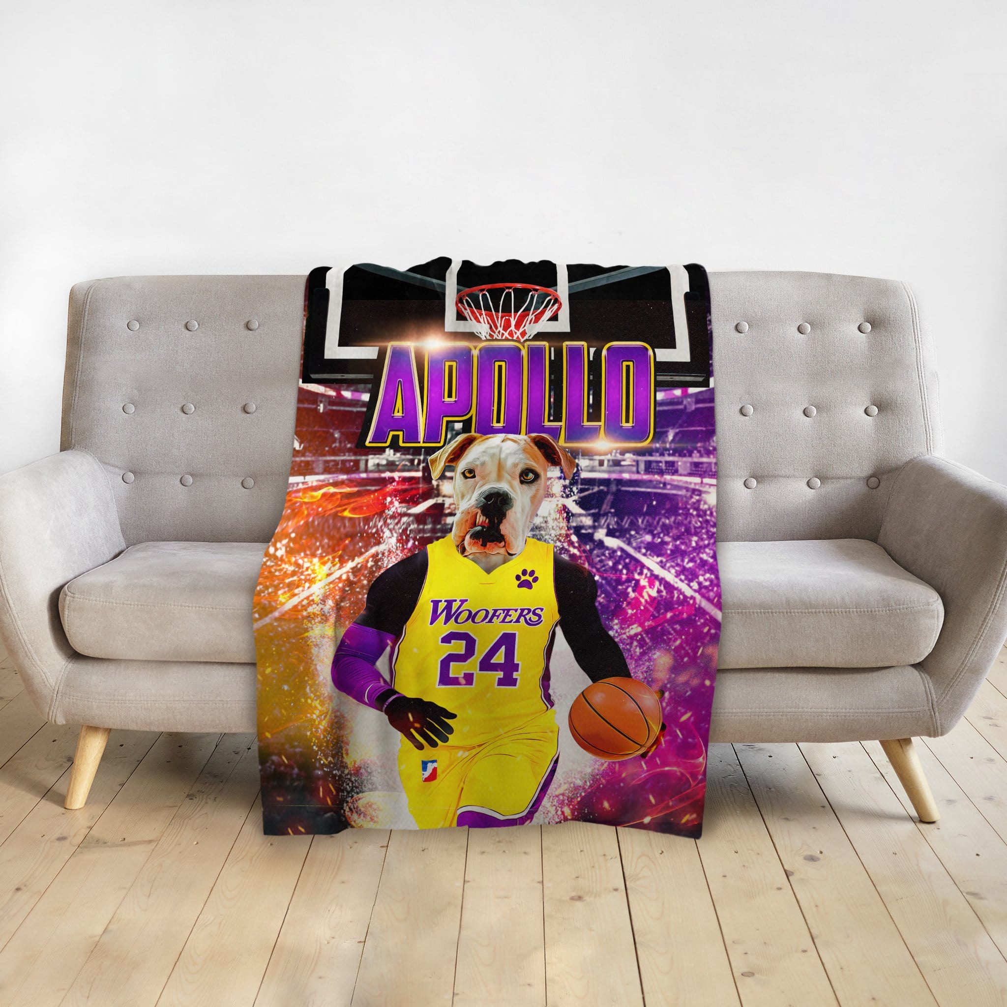 Personalized pet blanket with a dog in a yellow basketball jersey, "Apollo" above a hoop.