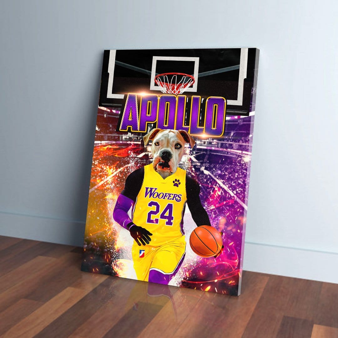 Personalized pet canvas featuring a dog in a yellow and purple basketball jersey, dribbling a ball.