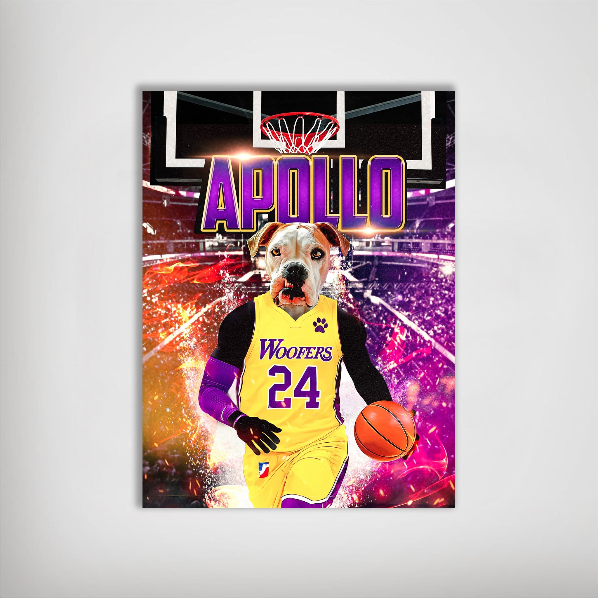 Personalized pet poster featuring a dog's head on a basketball player's body in a yellow "Woofers 24" jersey, dribbling a ball on a court.