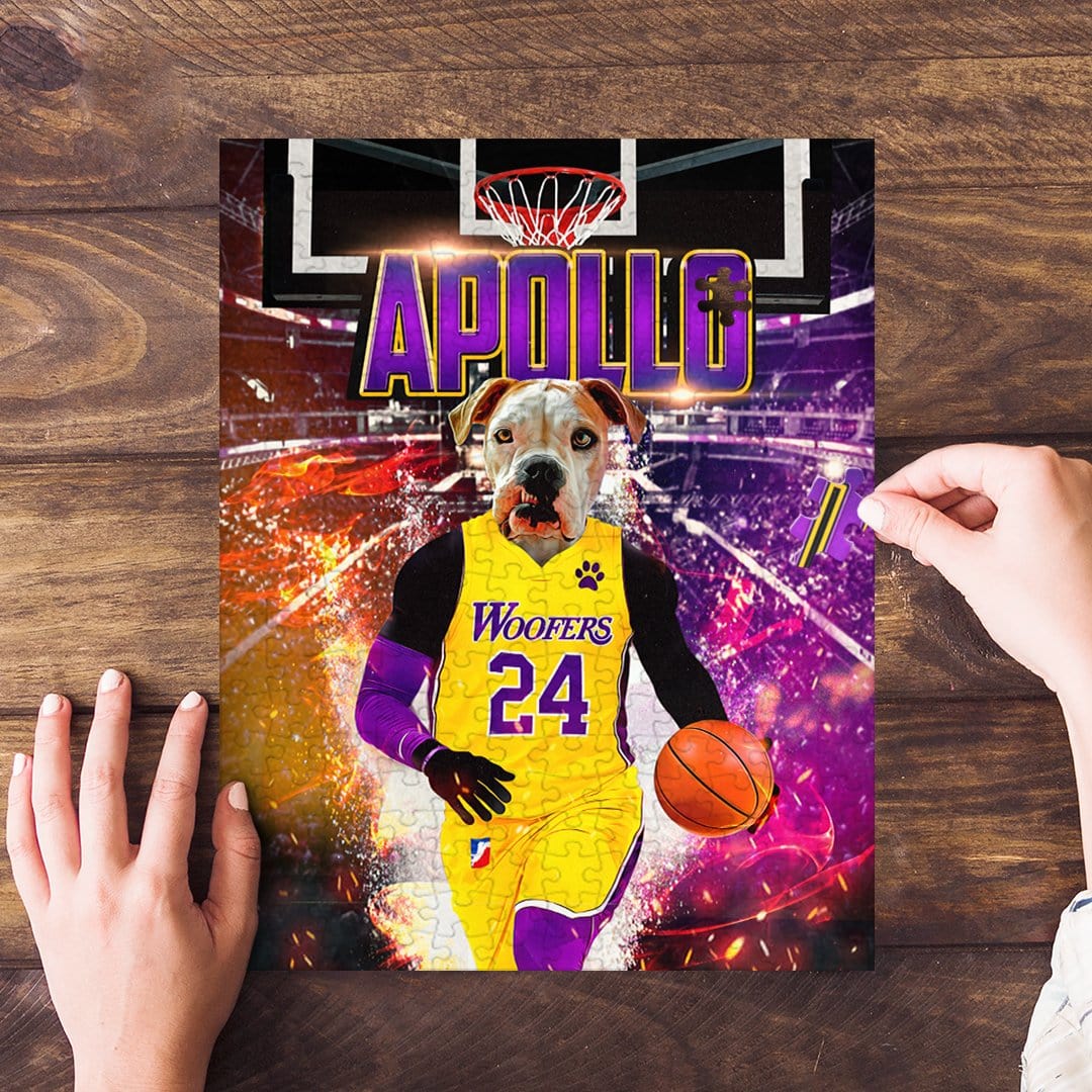 Personalized pet puzzle featuring a dog in a purple and yellow basketball uniform on a court.